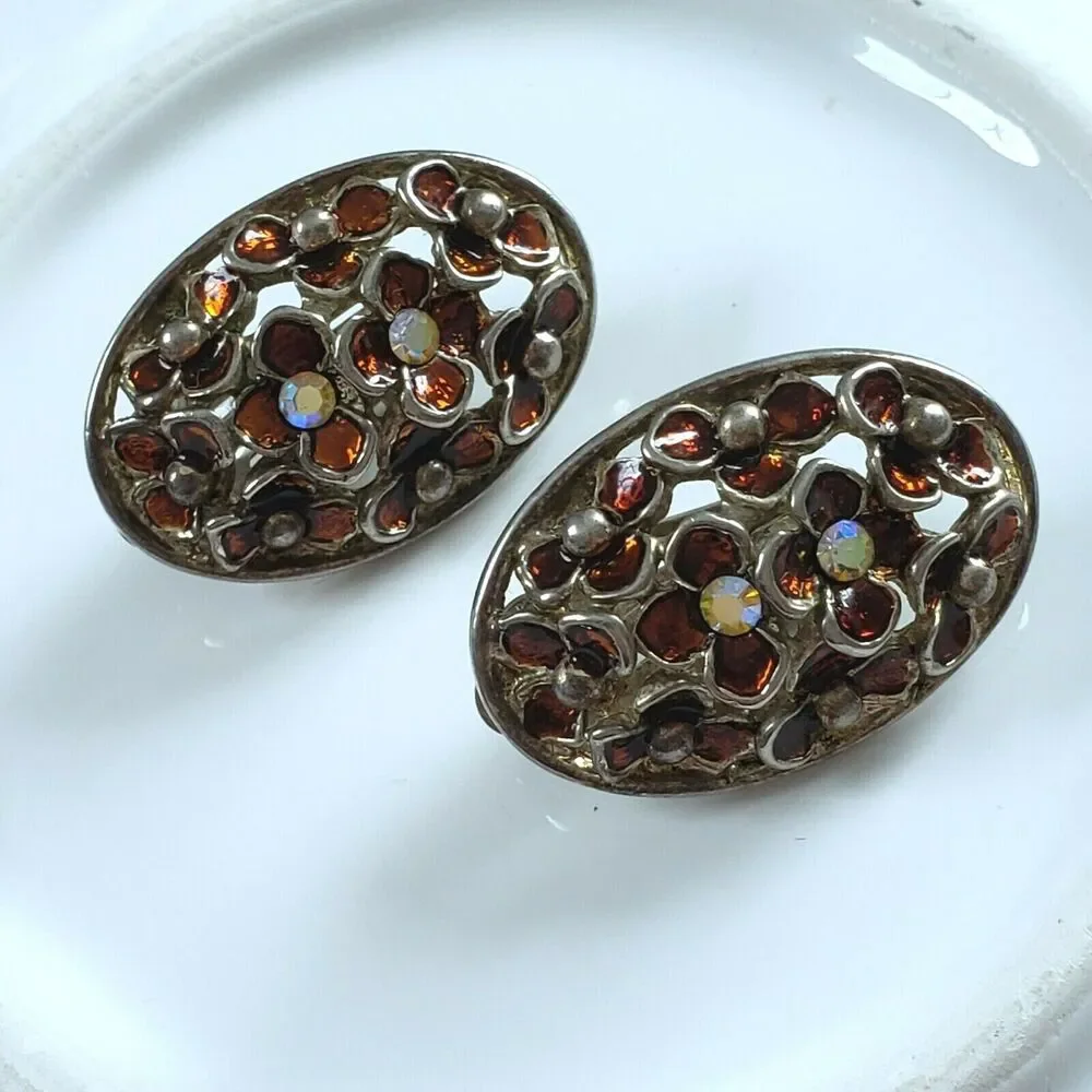 Vintage Earrings Silvertone Floral Enamel Rhinestone Classic Midcentury Clip Ons